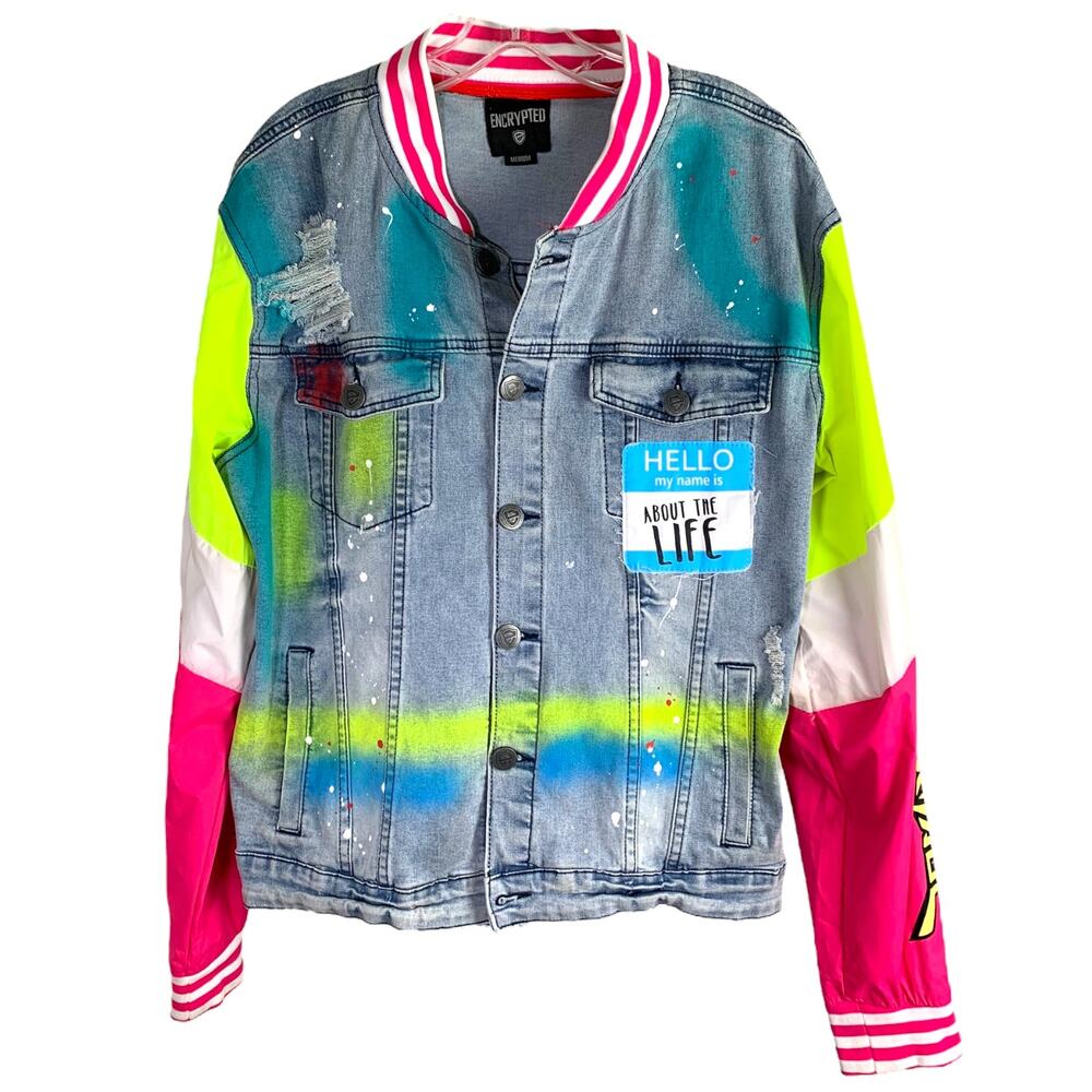 Encrypted Jean Jacket‎ Womens M Blue Denim Graffiti Streetwear Sleeves 1980s